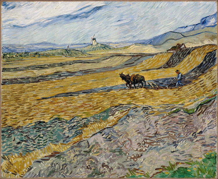 Field With Ploughman And Mill Van Gogh Oil Painting